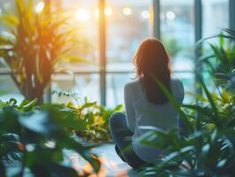 A woman is sitting on the floor in a yoga pose, with her back to the camera. She is surrounded by green plants and the sun is shining through a window. photo