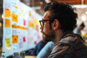 pensive man looking at a wall of post-it notes photo