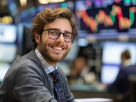 Portrait of a young male stock trader smiling in front of a large display of stock market data. photo