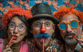 Three people wearing glasses and colorful outfits are holding orange objects in their mouths and looking at the camera. photo