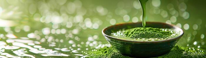 verde té polvo en un cuenco con agua gotas y un verde antecedentes. foto