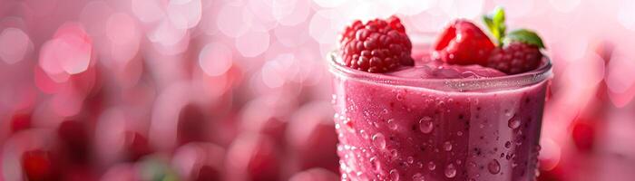 A glass of raspberry smoothie with fresh raspberries on top against a pink background. photo