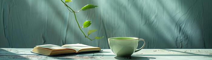 A cup of green tea and a book on a wooden table. photo