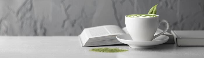 A cup of matcha green tea latte on a white table with a book. photo