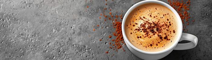 White cup of coffee on a gray concrete background. photo