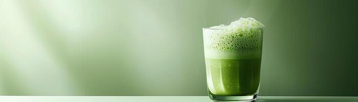 A glass of matcha latte on a green background. photo