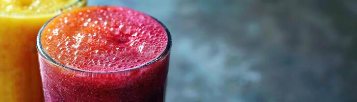 Two glasses of fresh juice with foam on a dark background. photo