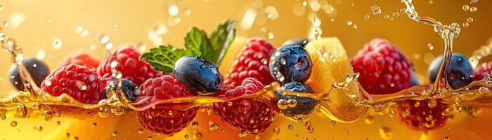 Fresh blueberries, raspberries and mint leaves floating in orange juice with a splash. photo