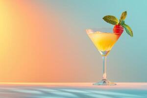 A martini glass with a yellow cocktail in it. There is a raspberry and a sprig of mint on the rim of the glass. The glass is sitting on a table with a blue and orange background. photo