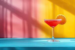 A cosmopolitan cocktail on a blue table with a yellow and pink background. photo