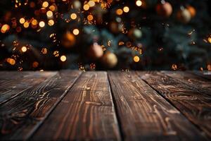 Rustic wood table with blurred Christmas lights in the background. photo