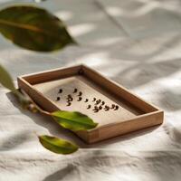 Black peppercorns scattered on a wooden tray photo