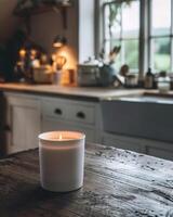 a candle on a wooden table with a blurred background of a kitchen. photo