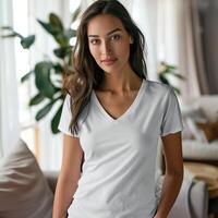 A photo of a young woman wearing a white v-neck t-shirt