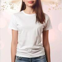 frente ver de un joven mujer vistiendo un blanco camiseta foto