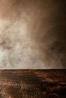 A wooden table with a smoky background. photo