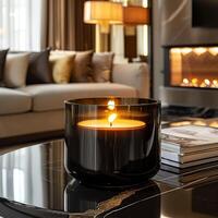 A black glass candle holder with a single lit candle inside sits on a marble table in a luxurious living room. photo