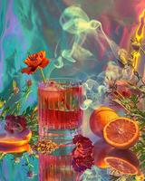 A glass of orange soda with a red flower floating on top of it. The glass is sitting on a table next to a sliced orange and some other flowers. There is smoke rising from the glass. photo