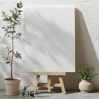 A blank canvas on an easel stands between a potted olive tree and a potted plant against a textured wall with shadows photo