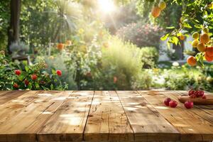 A wooden table in a lush garden setting. photo