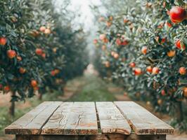 An empty wooden table in an apple orchard. photo