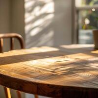 redondo de madera mesa con luz de sol brillante en él. foto