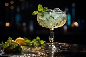 A close up of a cocktail in a fancy glass with a twist of lemon and mint on a bar photo