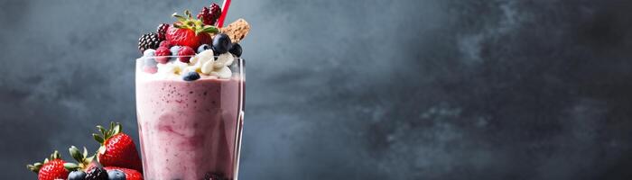A tall glass of strawberry milkshake with fresh strawberries, blueberries, and blackberries on top. photo
