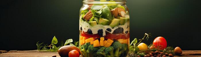 A mason jar salad with layers of colorful vegetables, topped with a creamy dressing and nuts. photo