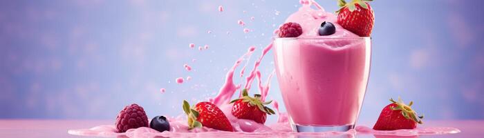 A glass of pink milkshake with strawberries, raspberries and blueberries. photo