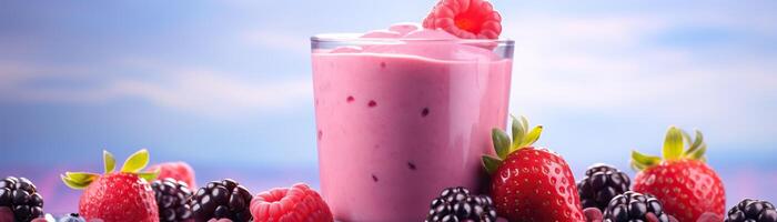 A glass of raspberry smoothie with fresh raspberries, strawberries and blackberries. photo