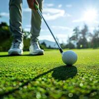 A golfer is teeing off on a golf course. photo