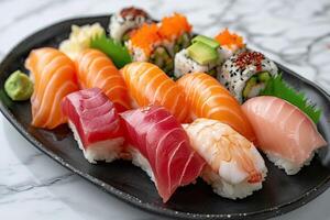 A variety of sushi and sashimi on a black plate photo