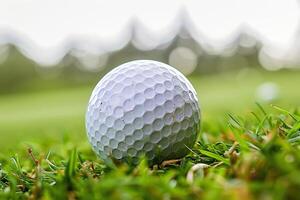 A white golf ball is sitting on the green grass of a golf course. photo