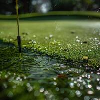 Raindrops falling on a golf putting green photo