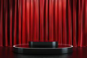 Black podium with red curtain background. photo