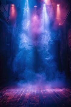 A spotlight on an empty stage with smoke in the air photo