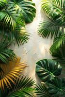 Green and yellow tropical leaves on a beige background photo