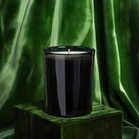 A black candle is burning on a green velvet cloth. The candle is in a black glass holder. The background is a dark green curtain. photo