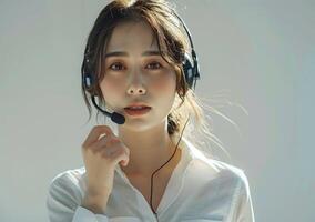 A beautiful young woman with long brown hair wearing a white shirt and a headset is sitting at a desk and looking at the camera. photo