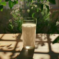 A glass of milk on a wooden table near a window with white flowers and green leaves in the background photo