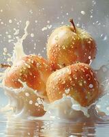 A group of apples are sitting in a pool of milk, the water is splashing around them photo