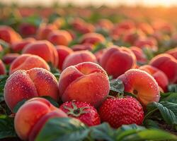 A close-up image of ripe and juicy peaches and strawberries with green leaves in the background. photo