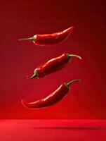 Floating red chili peppers on a red background. photo