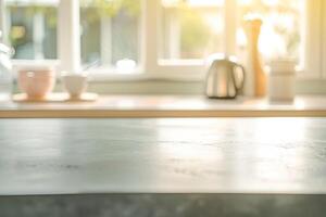 The warm sunlight shines through the window onto the wooden table, casting a soft glow over the room. photo