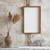 A wooden frame mockup on a concrete wall with a vase and some plants. photo