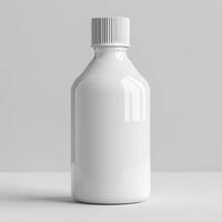 white medicine bottle with a white cap. The bottle is sitting on a white table with a white background. The bottle is plain and has no label. photo