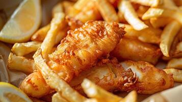 Fish and chips is a classic British dish that is made with fried fish and chips photo