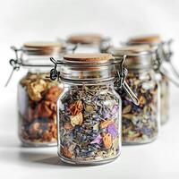 An image of a variety of small glass jars with cork lids filled with dried flowers and herbs on a white background. photo