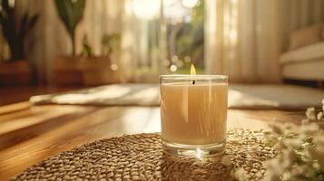 A lit candle on a braided placemat with a blurred background of a living room photo